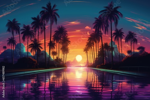 Cartoon flat panoramic landscape, sunset with palm trees. Background in retrofuturism style © Vovmar