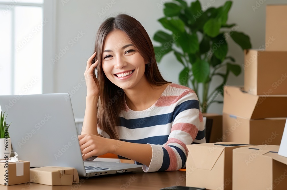 Happy Seller Surrounded by Boxes and Packing Tape, Efficiently Managing Business on Laptop. Happy Seller Surrounded by Boxes and Packing Tape, Efficiently Managing Business on Laptop.