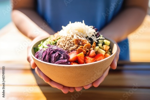 hand holding an acai bowl with a backdrop of natural sunlight photo