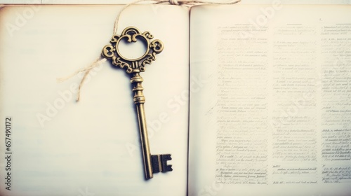 A vintage key on an open book with text. The key is round and ornate, and the book is beige and old-fashioned. A perfect image for mystery, history, or literature themes. backgrond photo