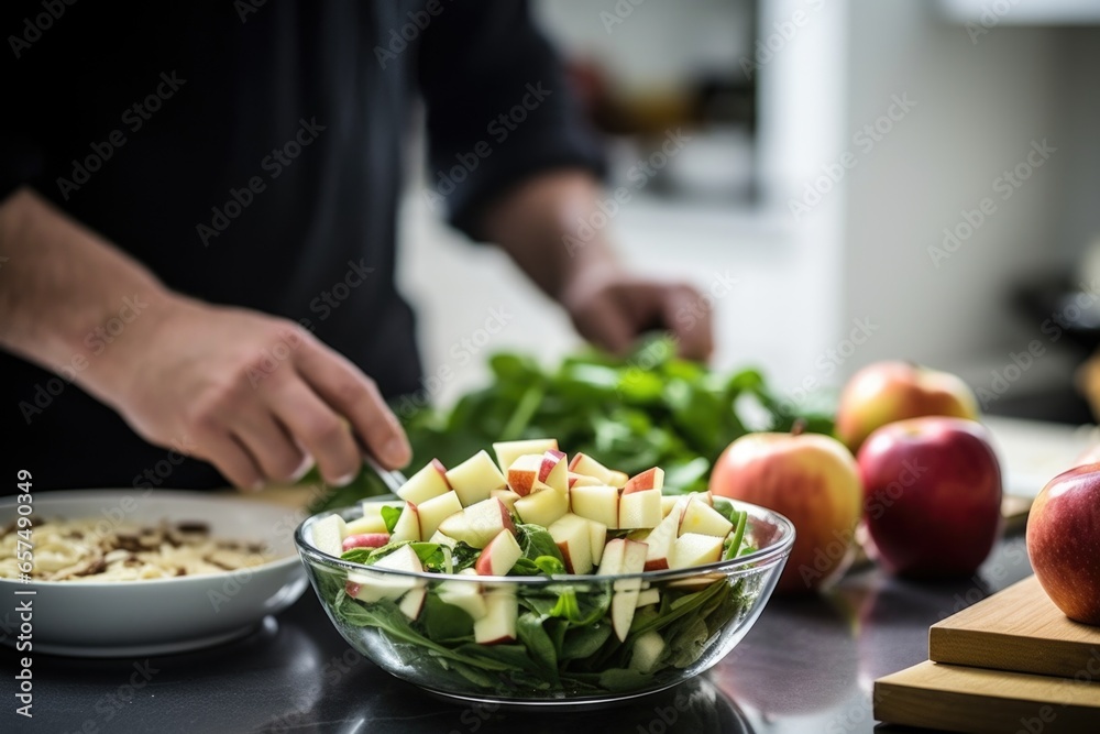 hand preparing a homemade apple and almond salad in a kitchen hand preparing a homemade apple and almond salad in a kitchen