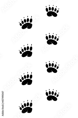 Animals feet track. Bear black paw, walking feet silhouette or footprints. Trace step imprints isolated on white. Walking tracks paws illustration