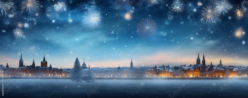 Fototapeta premium Happy new year snowy city with fireworks Generative AI