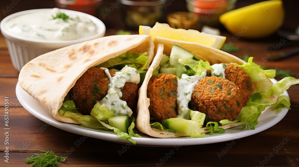 Falafel in Pita: A Delicious and Healthy Middle Eastern Dish with Crispy Falafel Balls, Fresh Vegetables and Creamy Sauce Falafel in Pita: A Delicious and Healthy Middle Eastern Dish with Crispy Falafel Balls, Fresh Vegetables and Creamy Sauce