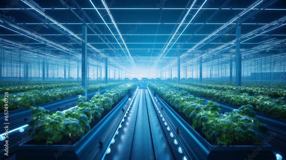 A high-tech greenhouse filled with rows of automated farming equipment, cultivating crops using advanced sensors and precision irrigation systems.