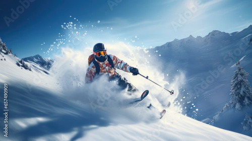 A skier on the top of the mountain. Steep descent against a backdrop of snow-covered peaks, Generative AI © Александр Земляной