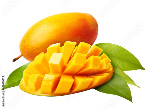 Mango Fruit and Mango Slice with Leaf Isolated on White Background