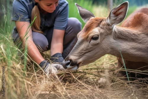 cropped shot of a volunteer helping rehabilitate an injured deer photo