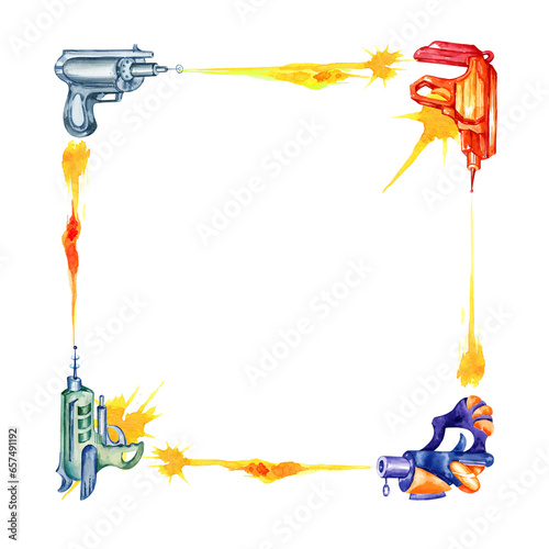 watercolor hand drawn square frame with toy guns, fantastic weapons, space pistols, blasters and ray isolated on white watercolor background, hand draw sketch, illustration for boys