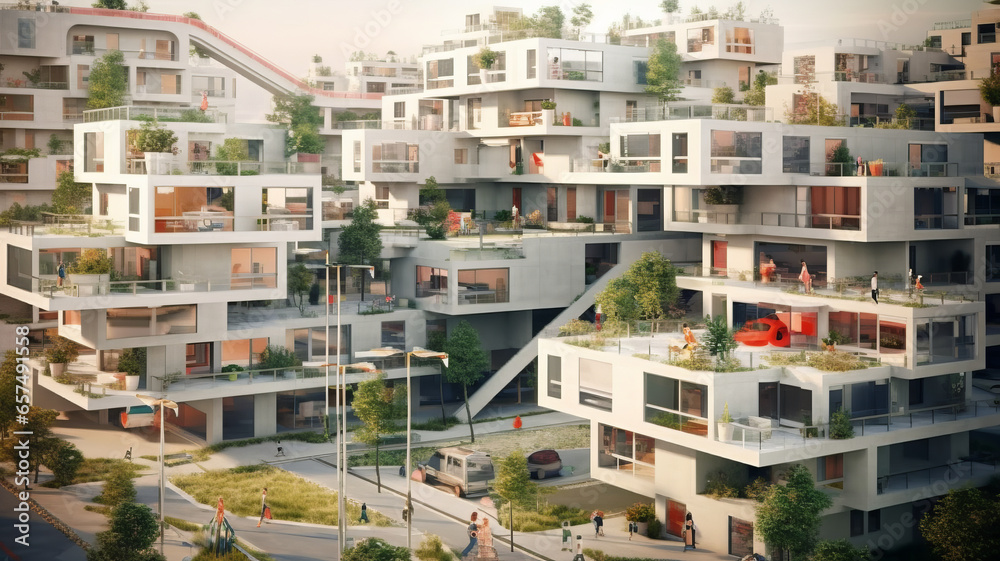 Fototapeta premium EU Modern european complex of apartment buildings. And outdoor facilities. Mixed media.generative ai