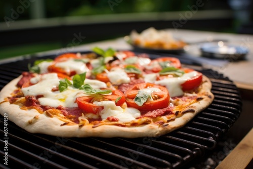 home cooked bbq pizza with tomatoes and mozzarella on grill
