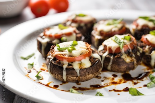 stuffed mushrooms with grilled mozzarella on a white plate