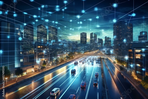 Concept of advanced infrastructure with IoT  smart city features  high-speed connectivity  and intelligent network. Generative AI