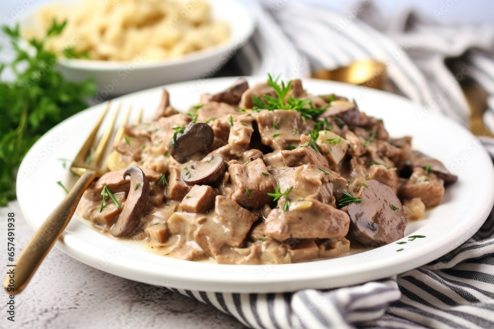 white plate with beef stroganoff and a garnished white napkin