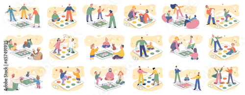 Game together. Family fun. Friendship time. Vector illustration. Board games provide excellent opportunity for quality family time Playing games with friends brings out competitive spirit and creates