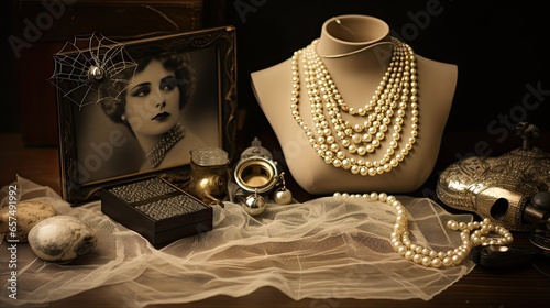 Timeless layout of cobwebs, vintage photographs, and pearl necklaces against a faded sepia backdrop photo