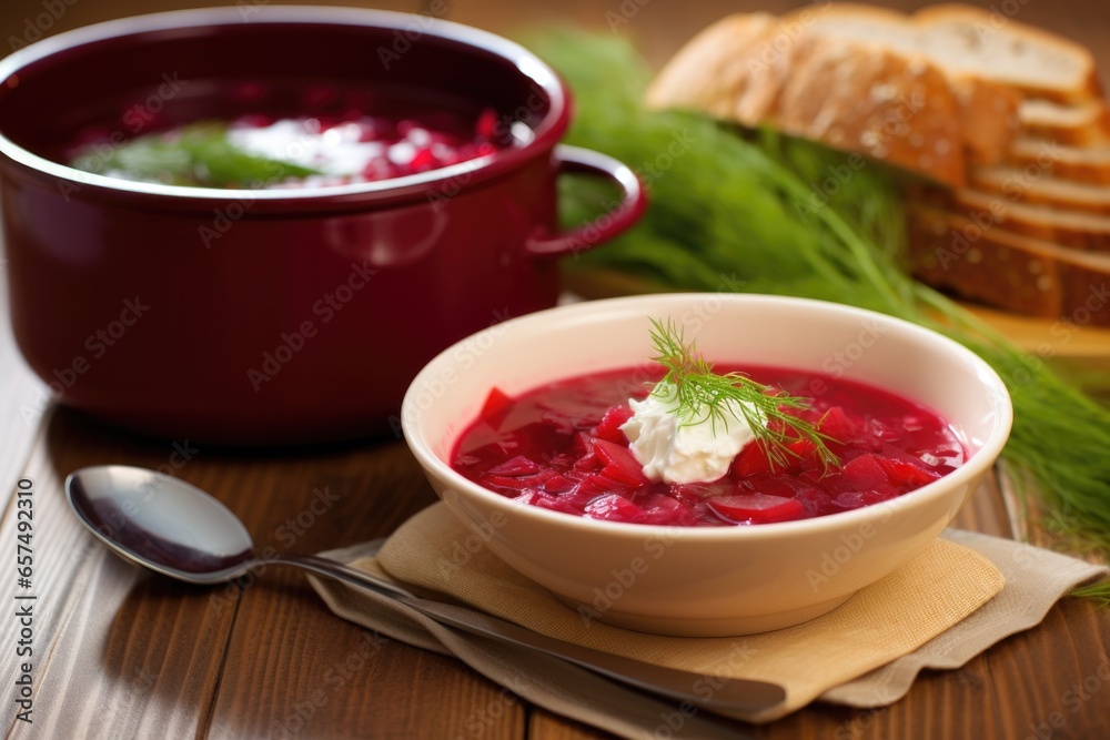 bowl of borscht soup on a wood grain table bowl of borscht soup on a wood grain table