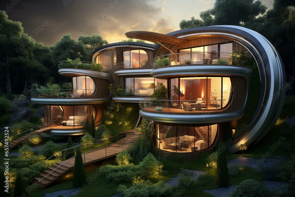 Eco-friendly dwelling with environmentally conscious construction using sustainable materials and innovative green technology. Generative AI - obrazy, fototapety, plakaty 