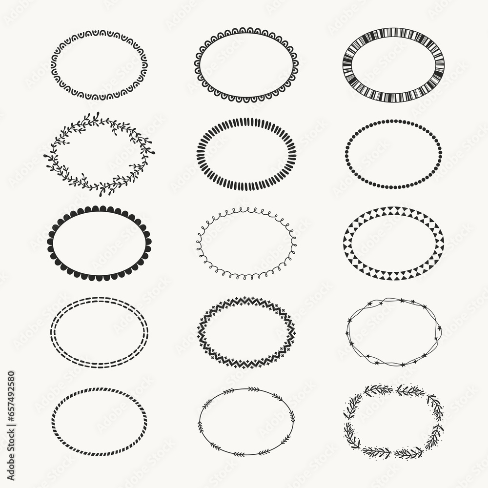 Oval frame collection. Horizontal elliptical border set. Doodle sketch style simple shapes. Hand drawn vector illustration, cut out isolated elements for decoration. Monochrome wreath Oval frame collection. Horizontal elliptical border set. Doodle sketch style simple shapes. Hand drawn vector illustration, cut out isolated elements for decoration. Monochrome wreath