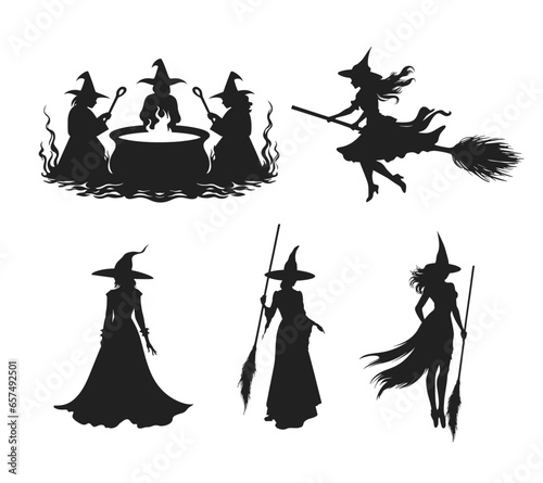 Halloween black silhouettes of witch isolated on white background. Vector illustration. Generated AI