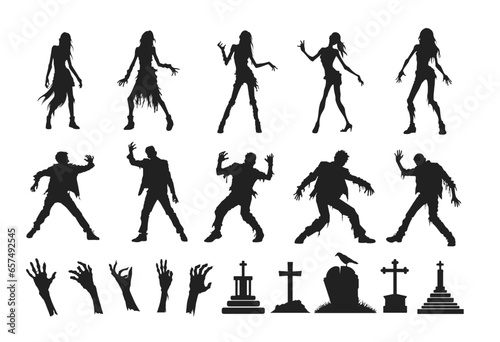 Halloween black silhouettes of zombie isolated on white background. Vector illustration. Generated AI