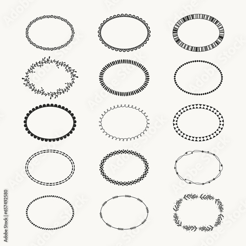 Oval frame collection. Horizontal elliptical border set. Doodle sketch style simple shapes. Hand drawn vector illustration, cut out isolated elements for decoration. Monochrome wreath