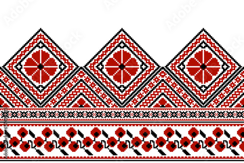 flower embroidery on white background. ikat and cross stitch geometric seamless pattern ethnic oriental traditional. Aztec style illustration design for carpet, wallpaper, clothing, wrapping, batik.	 photo