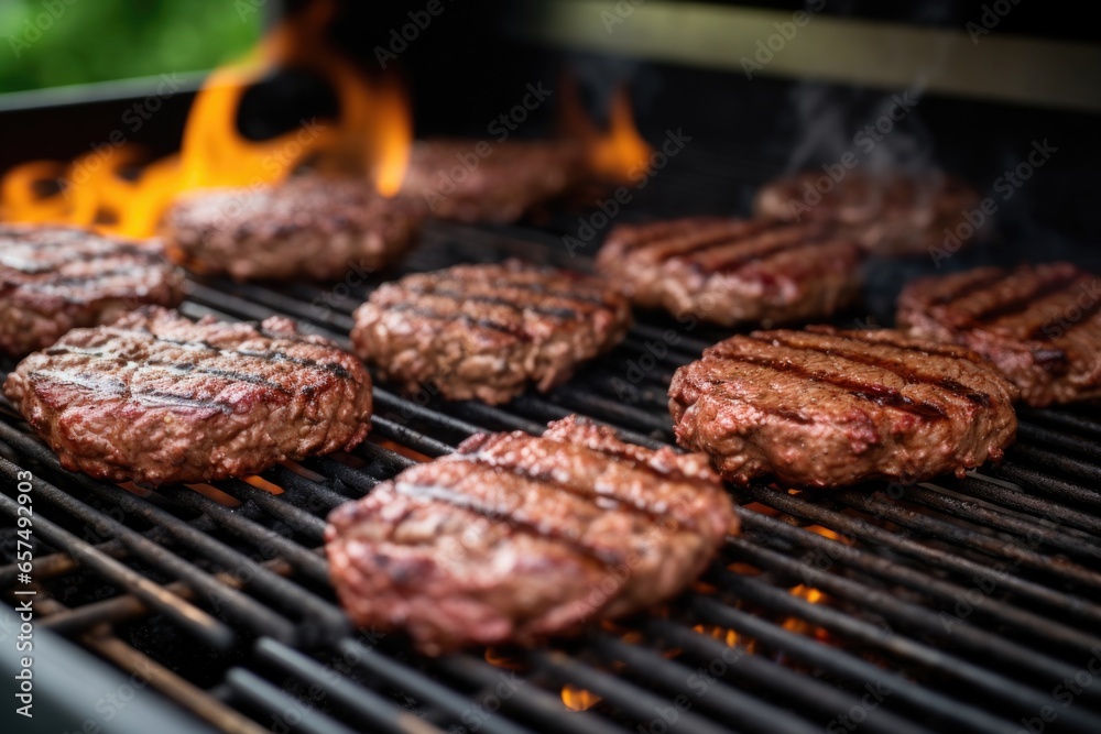multiple burger patties flipping in succession on a large grill