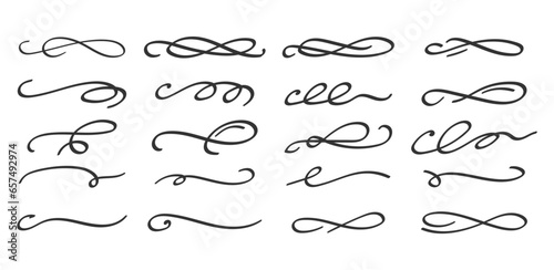 Swoosh and swoops double underline typography tails shapes. Brush drawn thick curved smears. Hand drawn collection of curly swishes, swashes, squiggles.  calligraphy doodle swirls.