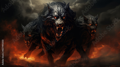 Illustration of Cerber hound of Hades, guardian of the underworld. A scary fierce beast dog with three heads. A frightening dog, Cerberus, Guardian of hell, with fire. photo