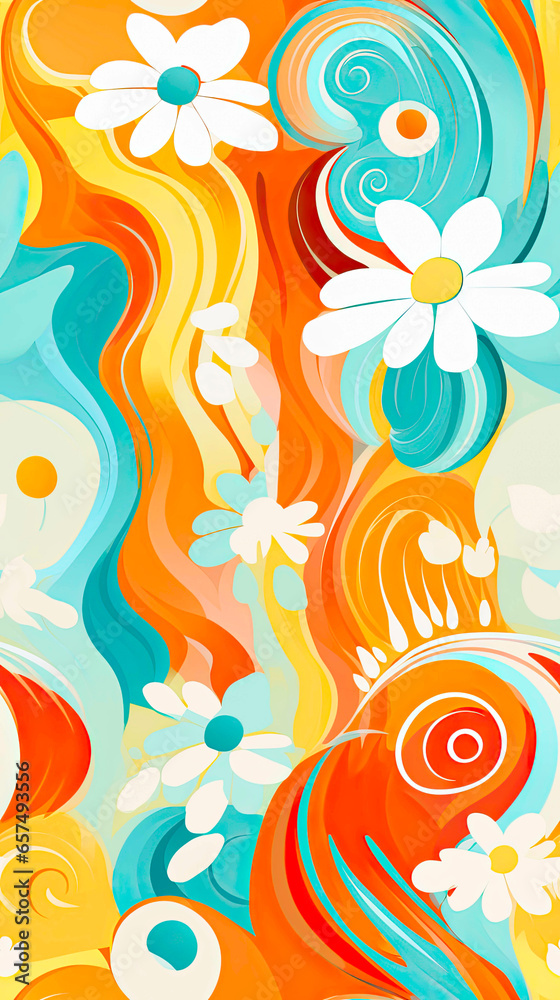 Seamless Colorful 70s Retro Style poster art with flowers, and psychedelic wavy shapes, colors in orange, pale blue, yellow and greens. Background texture or wall art. Seamless Colorful 70s Retro Style poster art with flowers, and psychedelic wavy shapes, colors in orange, pale blue, yellow and greens. Background texture or wall art.