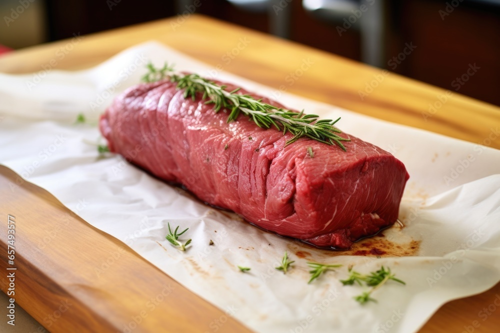 medium-rare beef tenderloin on butcher paper