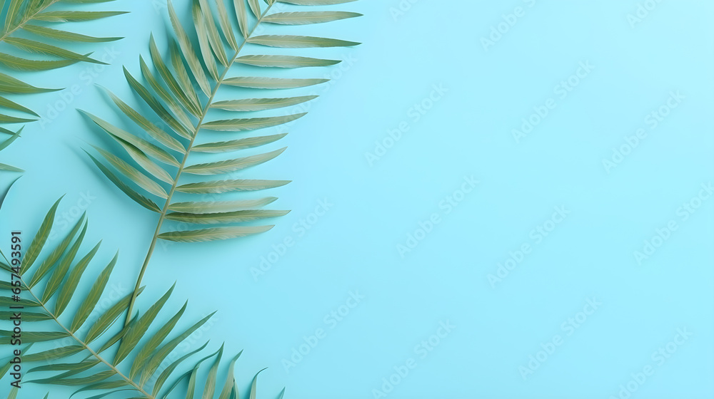 Fototapeta premium Copy Space with Palm Leaves on the corner isolated on Green Blue Background.
