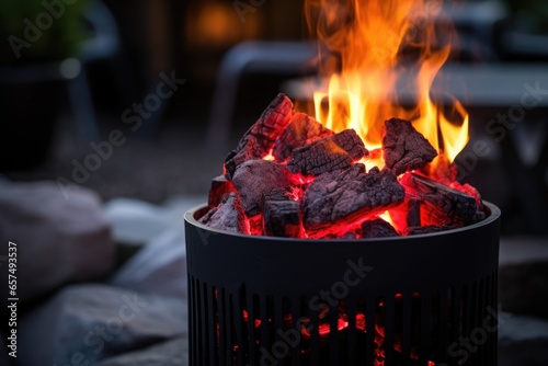 charcoals glowing red hot in a round chimney starter