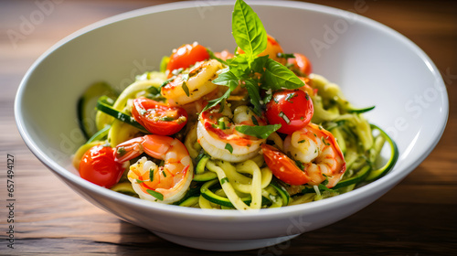 A bowl of pasta with shrimp and zucchini noodles
