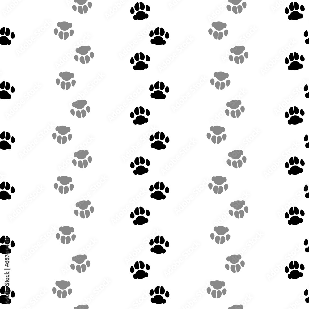 Pet paw black prints trail. Seamless border with domestic dog or cat cute footprints silhouette. Vector illustration isolated on white background. Pet paw black prints trail. Seamless border with domestic dog or cat cute footprints silhouette. Vector illustration isolated on white background.