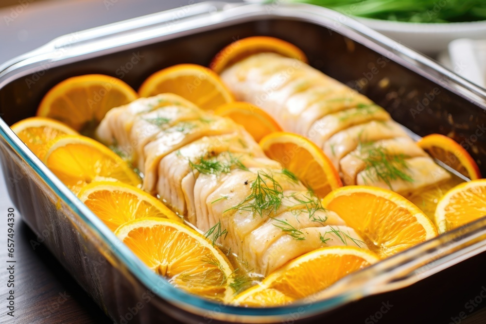 side view of fish fillets marinating with thinly sliced oranges side view of fish fillets marinating with thinly sliced oranges