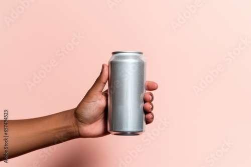 hand holding a club soda can against a plain backdrop
