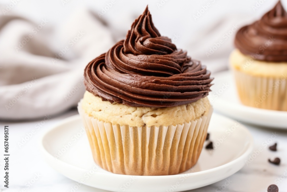 a chocolate cupcake with a dollop of peanut butter frosting a chocolate cupcake with a dollop of peanut butter frosting