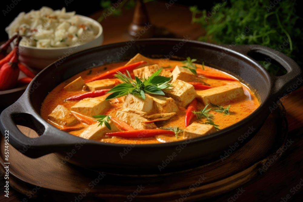panang curry with tofu in a deep ceramic dish