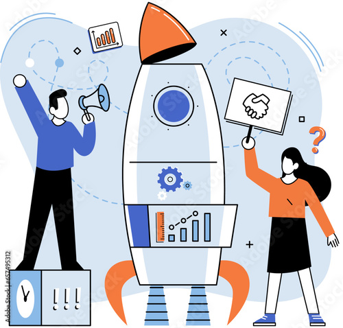 Business startup launch, company strategy or new project start. Teamwork solving complex problems, Businessmen team working together, preparing rocket for flight. Innovation solution development