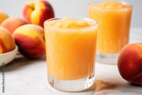 peach daiquiri garnished with a peach slice photo