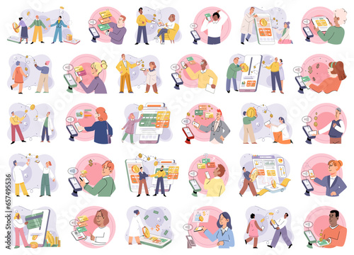 Cashless payment. Vector illustration. Touchless payment methods are compatible with wide range of devices, including smartphones and smartwatches Cashless payments contribute to reducing need