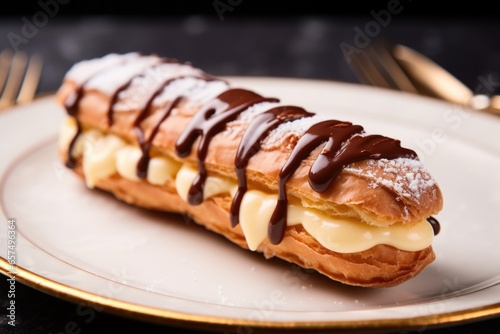 a bitten eclair filled with vanilla cream on a ceramic dish