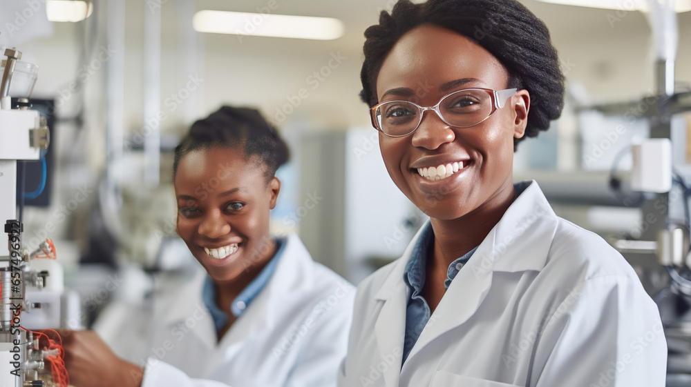 two Female lab assistant is working on a technical device smiling,generative ai two Female lab assistant is working on a technical device smiling,generative ai