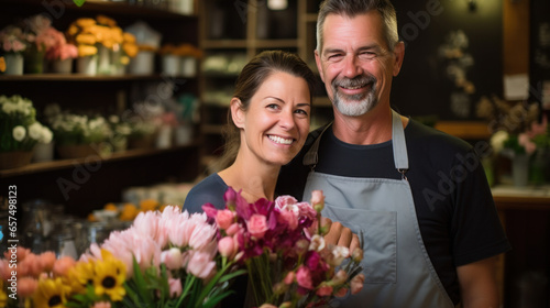 Flower shop couple business owner smile at shop