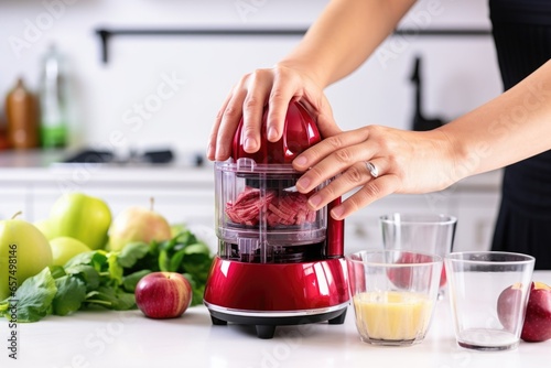 hands pressing a juicer into a pomegranate half photo