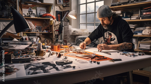 Owner of a small skateboard business, at work,