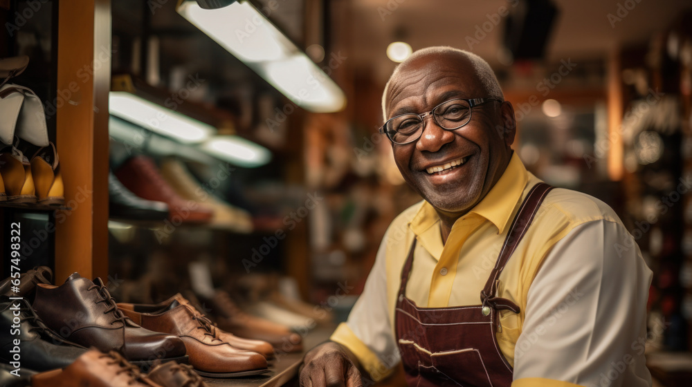The business owner of a small shoe repair shop smiled happily,