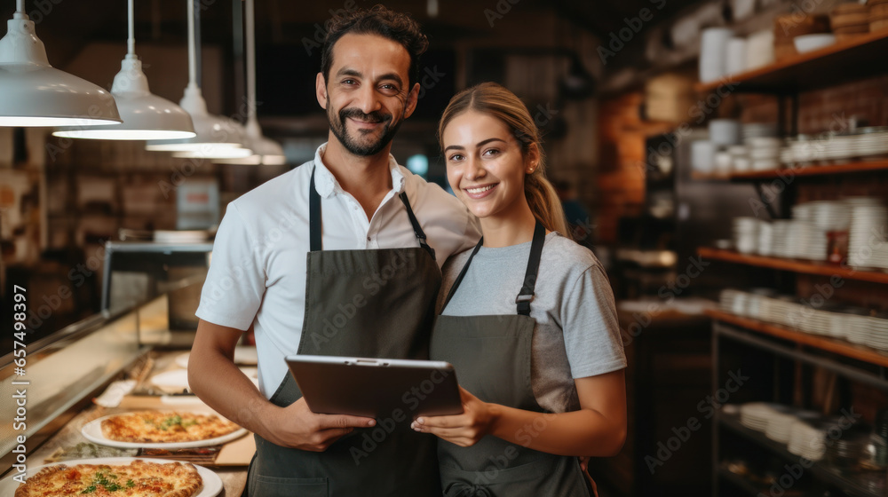 The owner couple of a small pizza business smiled happily - obrazy, fototapety, plakaty 